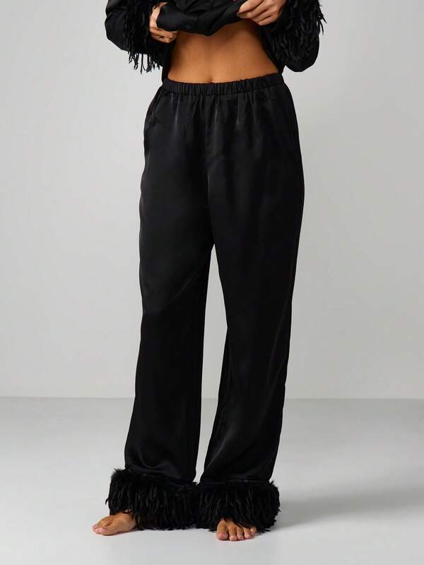 Missguided MISSGUIDED Feather Trim Pajama Set With Button Shirt