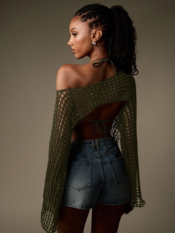 Missguided MISSGUIDED Fishnet Crochet Crop Top With Bell Sleeves
