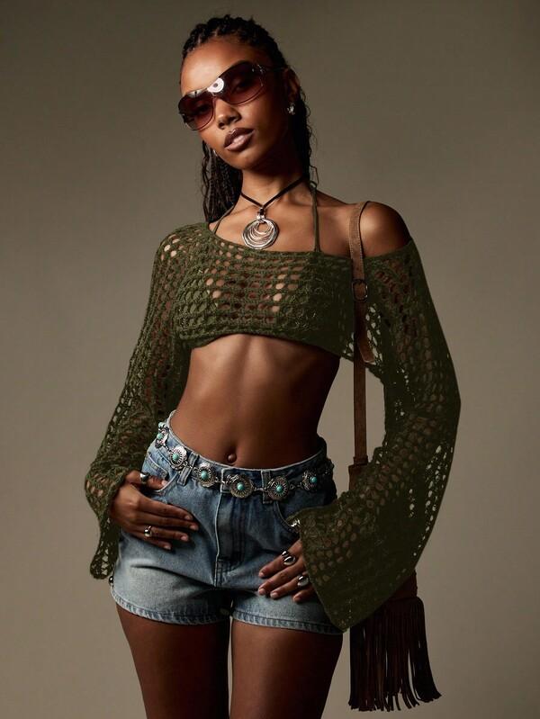 Missguided MISSGUIDED Fishnet Crochet Crop Top With Bell Sleeves