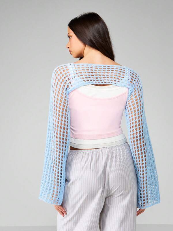 Missguided MISSGUIDED Fishnet Mesh Knit Bell Sleeve Cropped Shrug