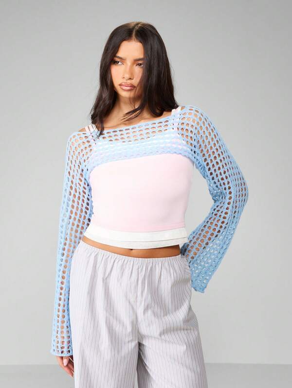 Missguided MISSGUIDED Fishnet Mesh Knit Bell Sleeve Cropped Shrug