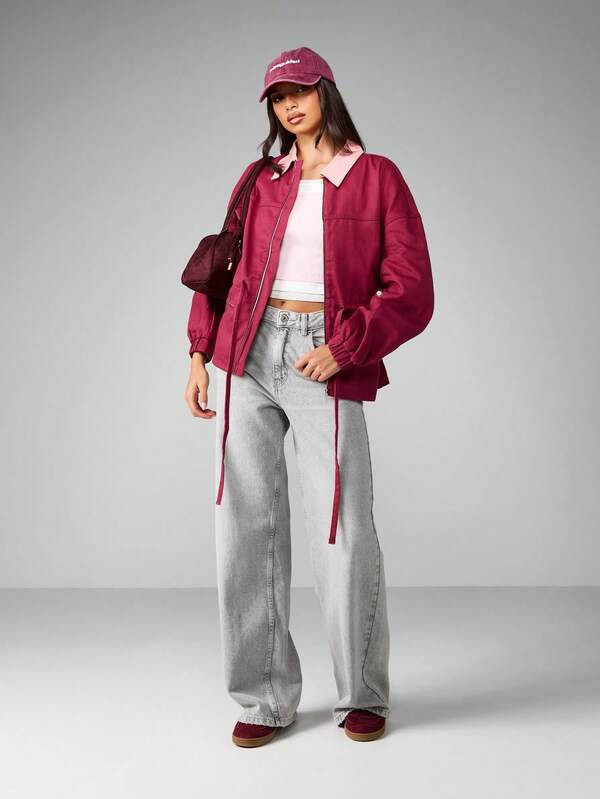 Missguided MISSGUIDED Fitted Bomber Jacket With Contrast Collar And Zipper Details