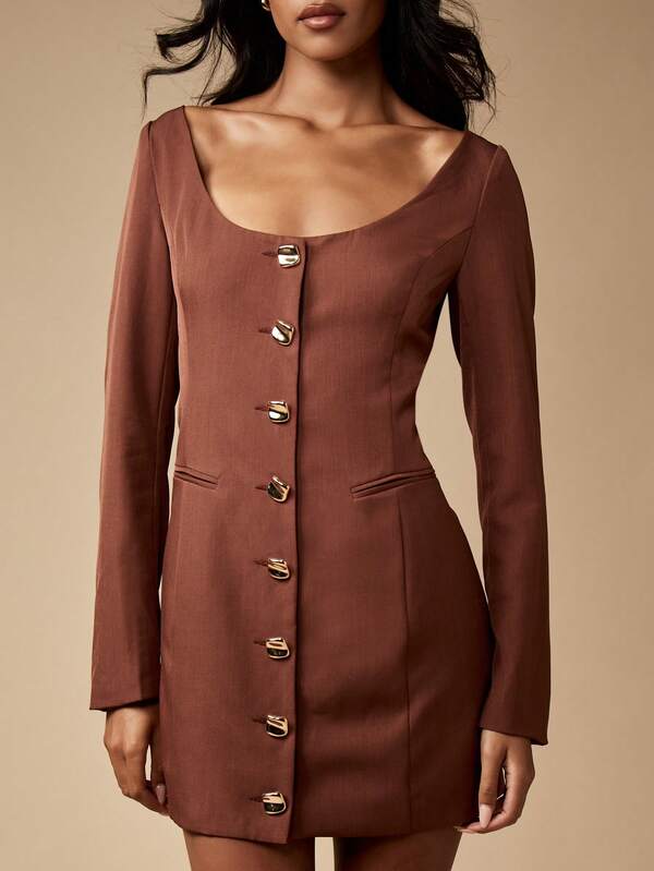 Missguided MISSGUIDED Fitted Button Front Mini Dress With Square Neckline And Long Sleeves