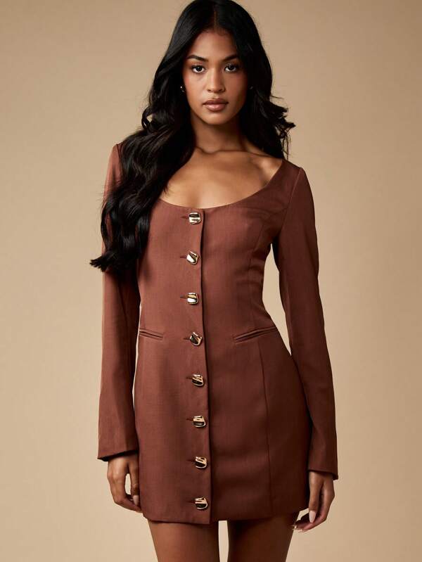 missguided MISSGUIDED Fitted Button Front Mini Dress With Square Neckline And Long Sleeves