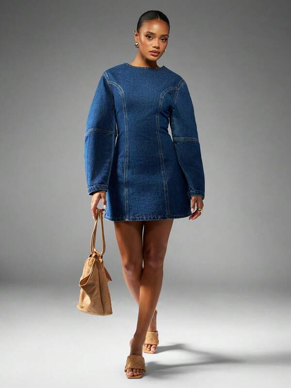 Missguided MISSGUIDED Fitted Denim Mini Dress With Balloon Sleeves