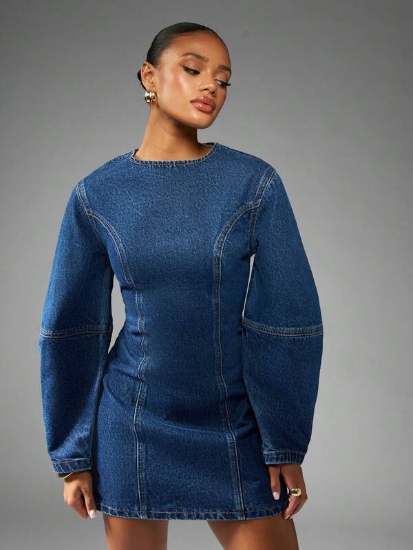 missguided MISSGUIDED Fitted Denim Mini Dress With Balloon Sleeves