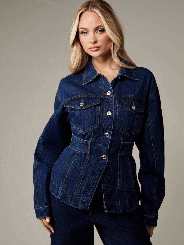 missguided MISSGUIDED Fitted Denim Trucker Jacket With Waist Belt