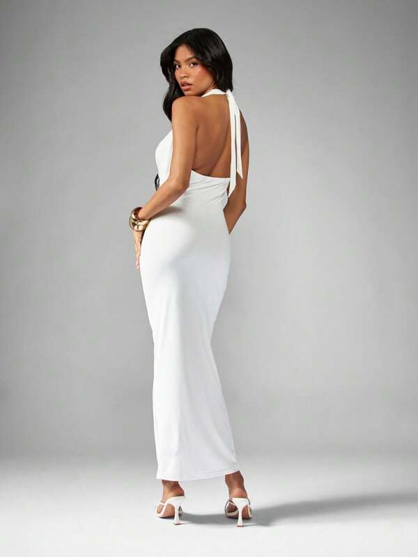 Missguided MISSGUIDED Fitted Halter Neck Maxi Dress With Cowl Neckline