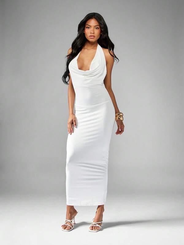 Missguided MISSGUIDED Fitted Halter Neck Maxi Dress With Cowl Neckline