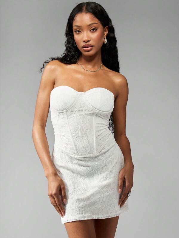 missguided MISSGUIDED Fitted Lace Corset Strapless Sweetheart Neckline Mini Dress