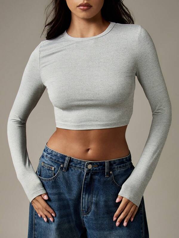 Missguided MISSGUIDED Fitted Long Sleeve Crop Top With Ribbed Texture