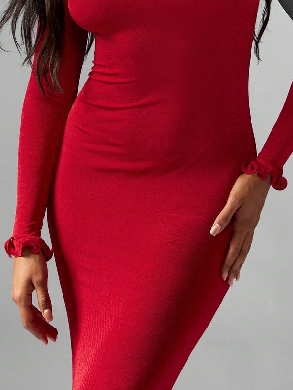 Missguided MISSGUIDED Fitted Long Sleeve Maxi Dress With Ruffle Details