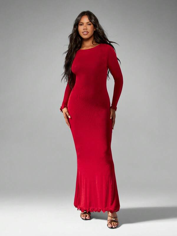 missguided MISSGUIDED Fitted Long Sleeve Maxi Dress With Ruffle Details