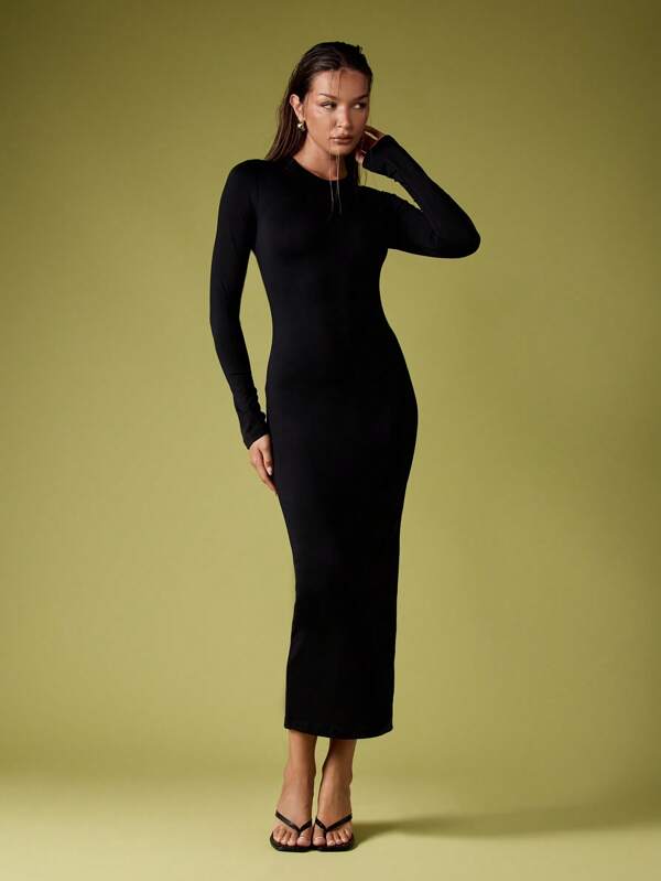 missguided MISSGUIDED Fitted Long Sleeve Ribbed Bodycon Midi Dress