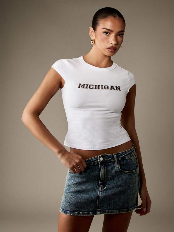 Missguided MISSGUIDED Fitted Michigan Baby Tee With Varsity Lettering