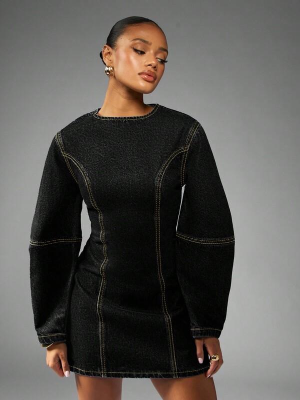 missguided MISSGUIDED Fitted Mini Denim Dress With Cocoon Sleeves