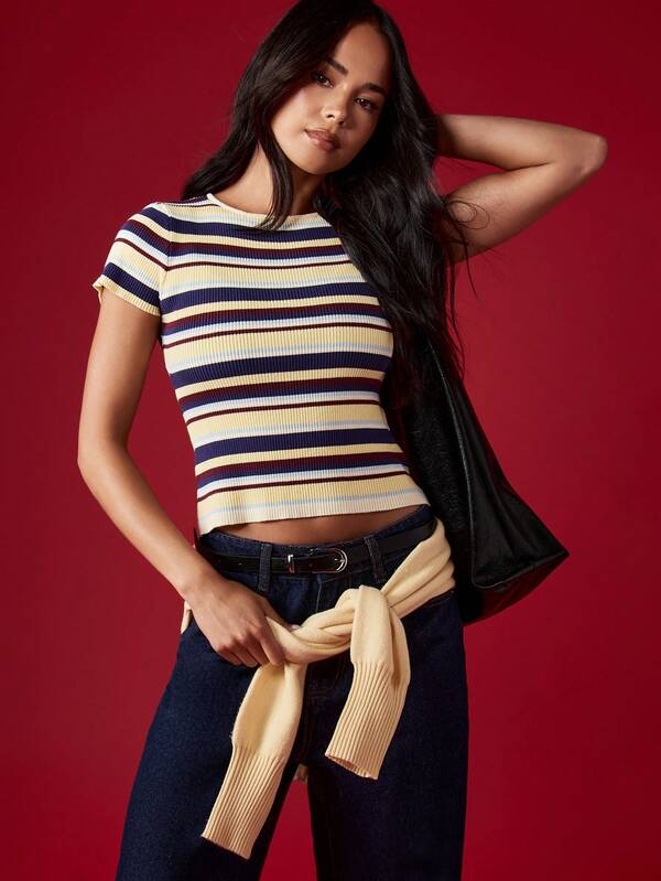 missguided MISSGUIDED Fitted Ribbed Stripe Crop Tee With Short Sleeves