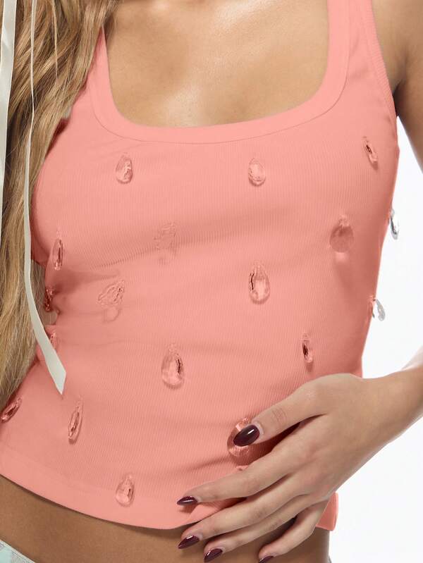 Missguided MISSGUIDED Fitted Scoop Neck Ribbed Crop Tank Top Crystal Embellished