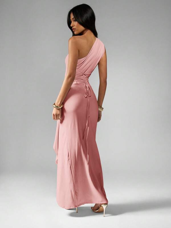 Missguided MISSGUIDED Floor Length Formal Gown With Draped Ruched One Shoulder And Side Split