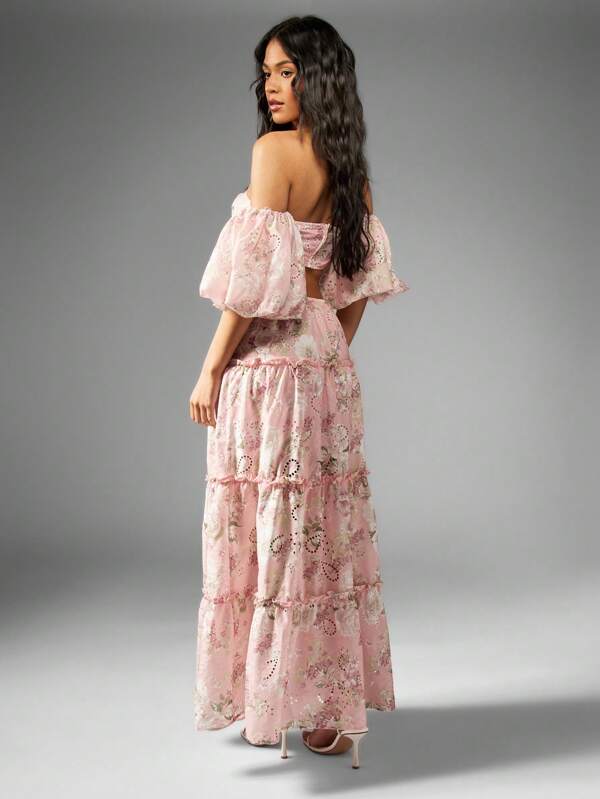 Missguided MISSGUIDED Floral Broderie Off Shoulder Balloon Sleeves Two-Piece Outfit