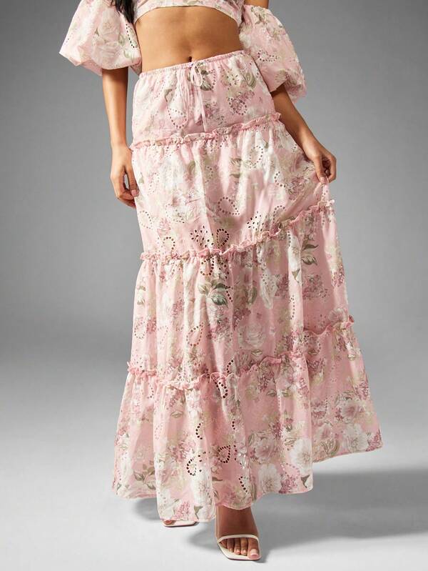 Missguided MISSGUIDED Floral Broderie Off Shoulder Balloon Sleeves Two-Piece Outfit