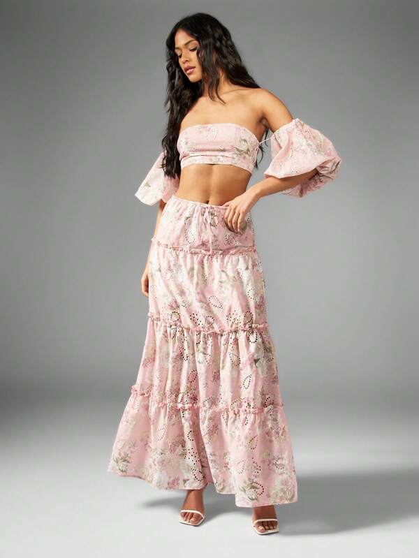 missguided MISSGUIDED Floral Broderie Off Shoulder Balloon Sleeves Two-Piece Outfit