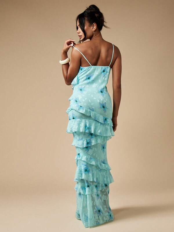 Missguided MISSGUIDED Floral Burnout Ruffle Flutter Tiered Maxi Dress With Spaghetti Straps