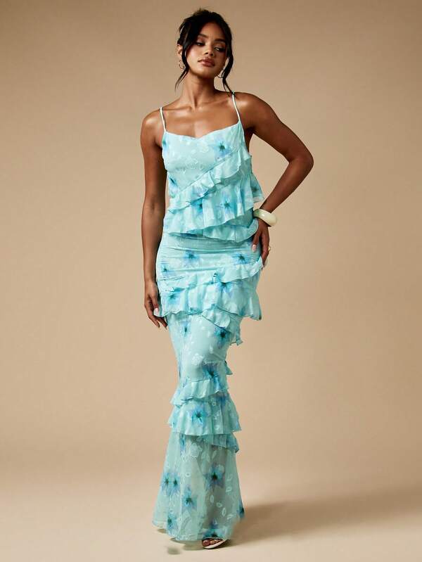 Missguided MISSGUIDED Floral Burnout Ruffle Flutter Tiered Maxi Dress With Spaghetti Straps