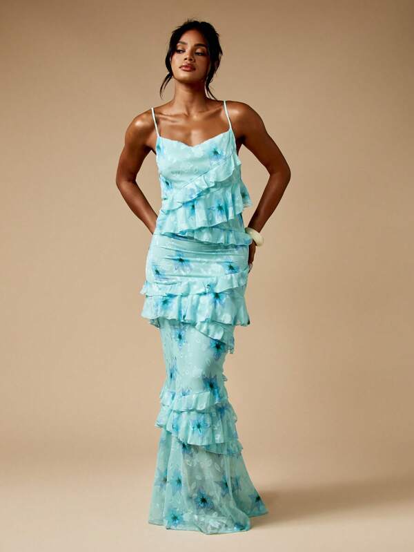 missguided MISSGUIDED Floral Burnout Ruffle Flutter Tiered Maxi Dress With Spaghetti Straps