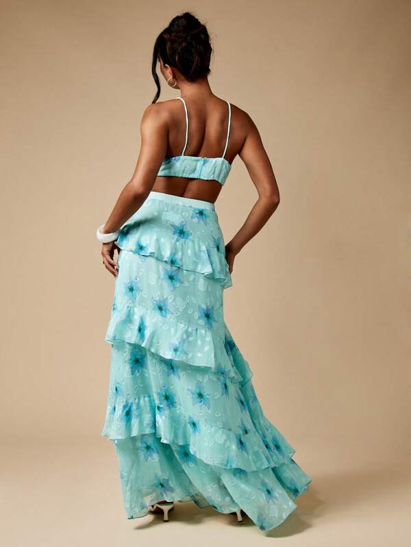 Missguided MISSGUIDED Floral Burnout Ruffled Maxi Boho Two-Piece Set With Bralette Top