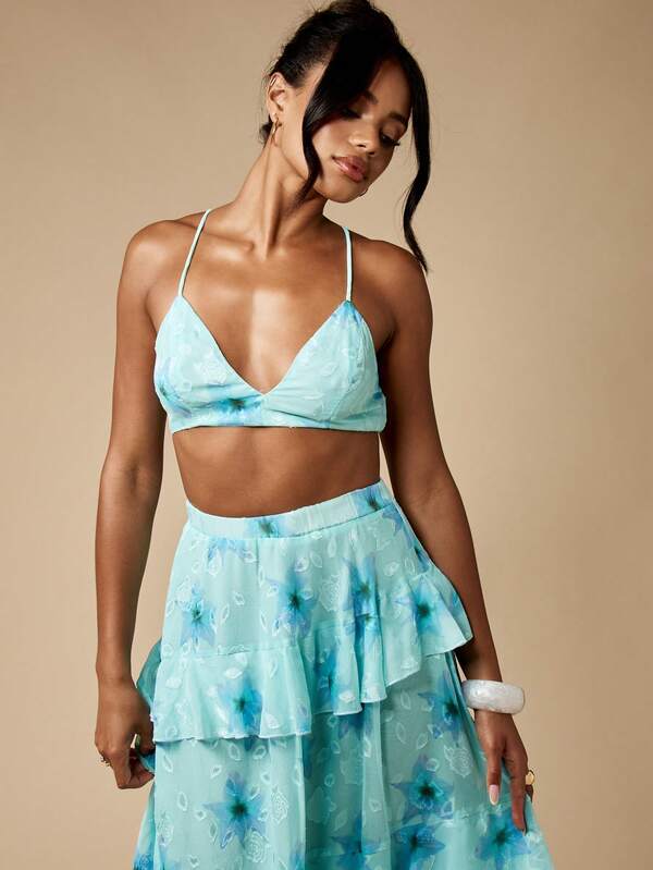Missguided MISSGUIDED Floral Burnout Ruffled Maxi Boho Two-Piece Set With Bralette Top