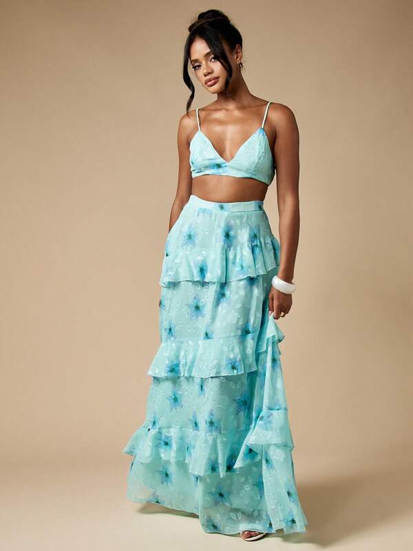 Missguided MISSGUIDED Floral Burnout Ruffled Maxi Boho Two-Piece Set With Bralette Top