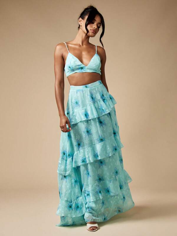 missguided MISSGUIDED Floral Burnout Ruffled Maxi Boho Two-Piece Set With Bralette Top