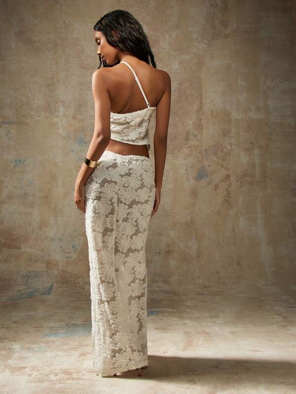 Missguided MISSGUIDED Floral Burnout Velvet Crop Top High Waist Skirt Two-Piece Outfits