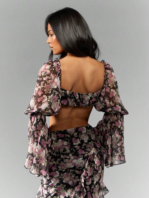 Missguided MISSGUIDED Floral Chiffon Crop Puff Sleeve Ruffle Women Tops