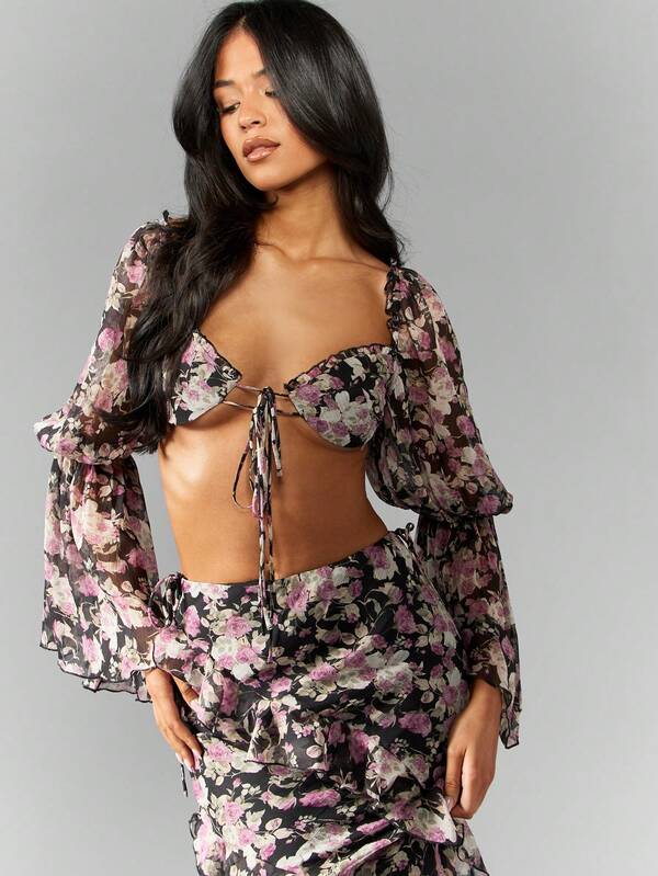 Missguided MISSGUIDED Floral Chiffon Crop Puff Sleeve Ruffle Women Tops