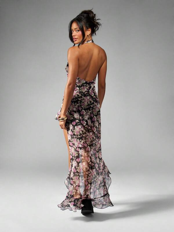 Missguided MISSGUIDED Floral Chiffon Halter Maxi Dress High Low Hem Ruffle Detail