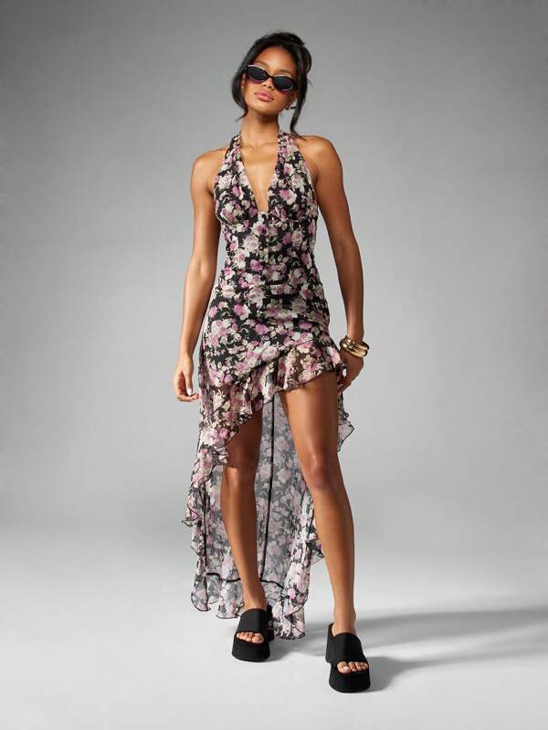 missguided MISSGUIDED Floral Chiffon Halter Maxi Dress High Low Hem Ruffle Detail