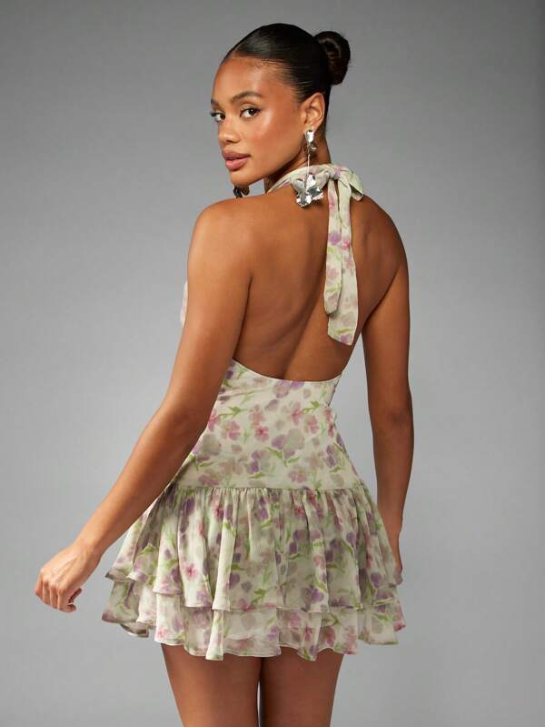 Missguided MISSGUIDED Floral Chiffon Halter Mini Dress With Tiered Ruffles