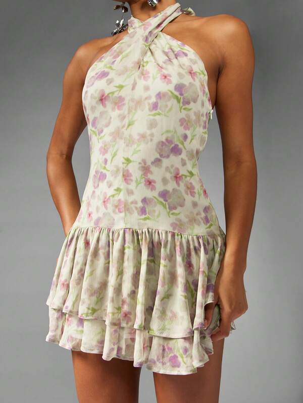 Missguided MISSGUIDED Floral Chiffon Halter Mini Dress With Tiered Ruffles