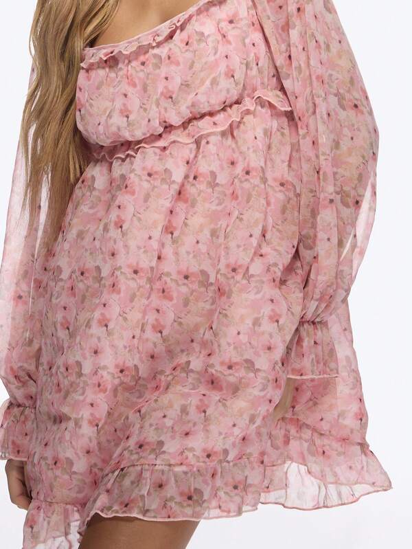 Missguided MISSGUIDED Floral Chiffon Long Sleeve Mini Dresses