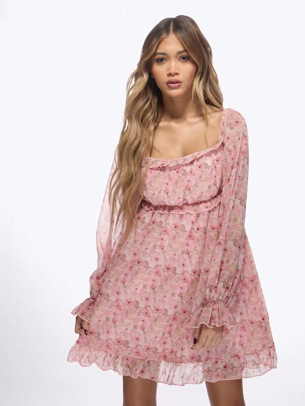 missguided MISSGUIDED Floral Chiffon Long Sleeve Mini Dresses