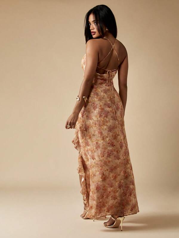Missguided MISSGUIDED Floral Chiffon Maxi Dress With Ruffle And Criss Cross Back