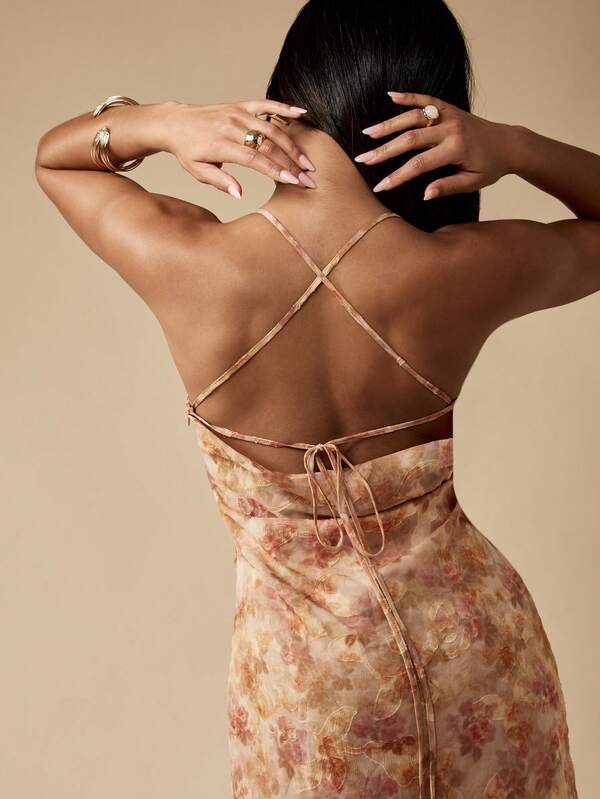 Missguided MISSGUIDED Floral Chiffon Maxi Dress With Ruffle And Criss Cross Back