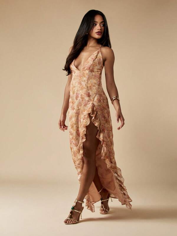 missguided MISSGUIDED Floral Chiffon Maxi Dress With Ruffle And Criss Cross Back