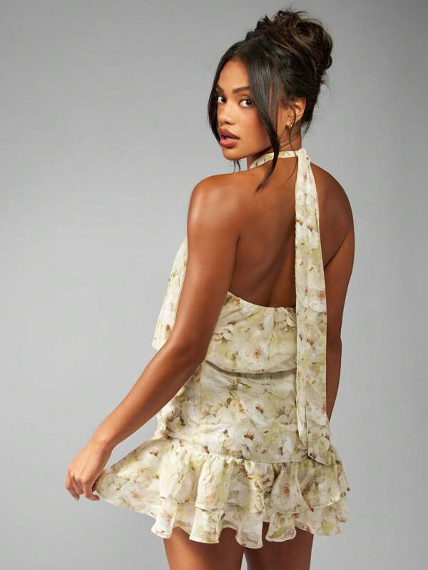 Missguided MISSGUIDED Floral Chiffon Mini Dress With Halter Neck And Ruffle Hem