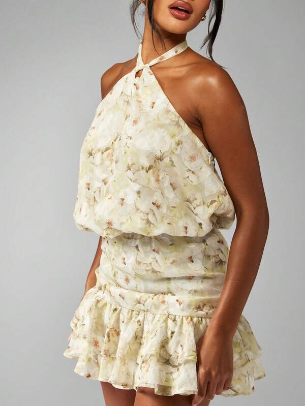 Missguided MISSGUIDED Floral Chiffon Mini Dress With Halter Neck And Ruffle Hem