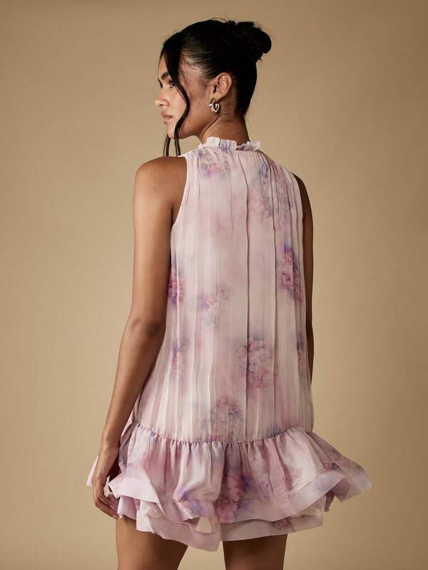 Missguided MISSGUIDED Floral Chiffon Mini Dress With Ruffle Hem And High Neck