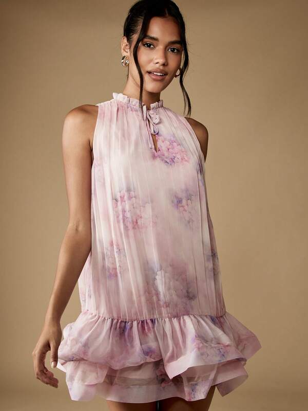Missguided MISSGUIDED Floral Chiffon Mini Dress With Ruffle Hem And High Neck