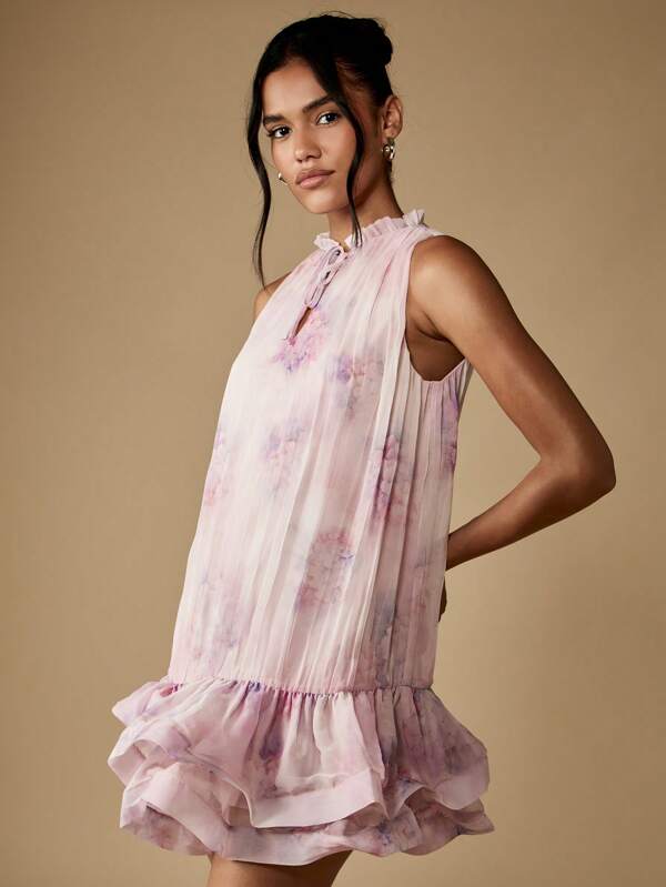 missguided MISSGUIDED Floral Chiffon Mini Dress With Ruffle Hem And High Neck